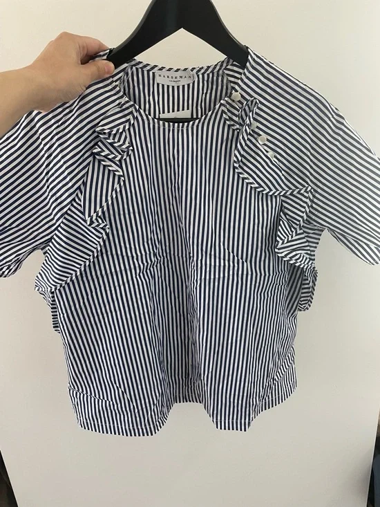 Harshman Navy & White Striped Ruffle Short-Sleeve Blouse - Picture 2 of 5